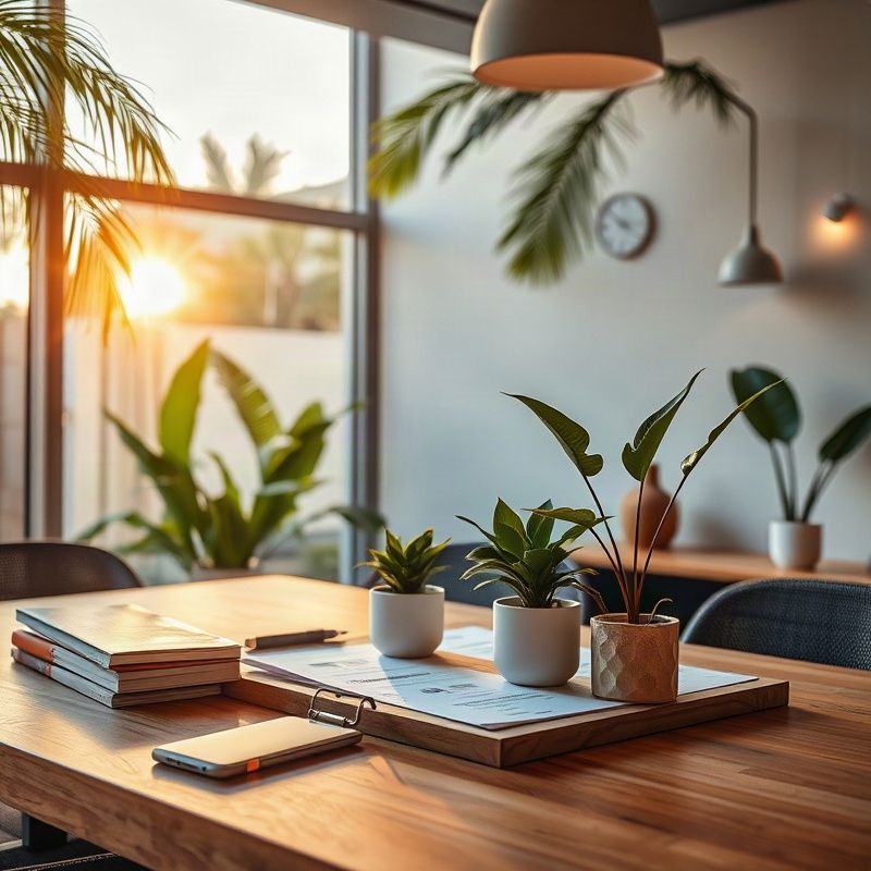 Profissional comparando anúncios e planta de imóvel sobre mesa de trabalho