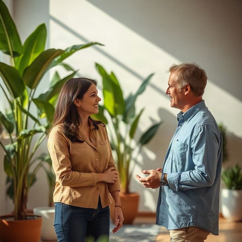 Consultora conversando com visitante diante de planta de imóvel no escritório