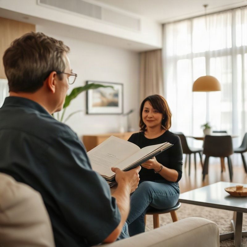 Client examining a living room during an apartment viewing in Recife